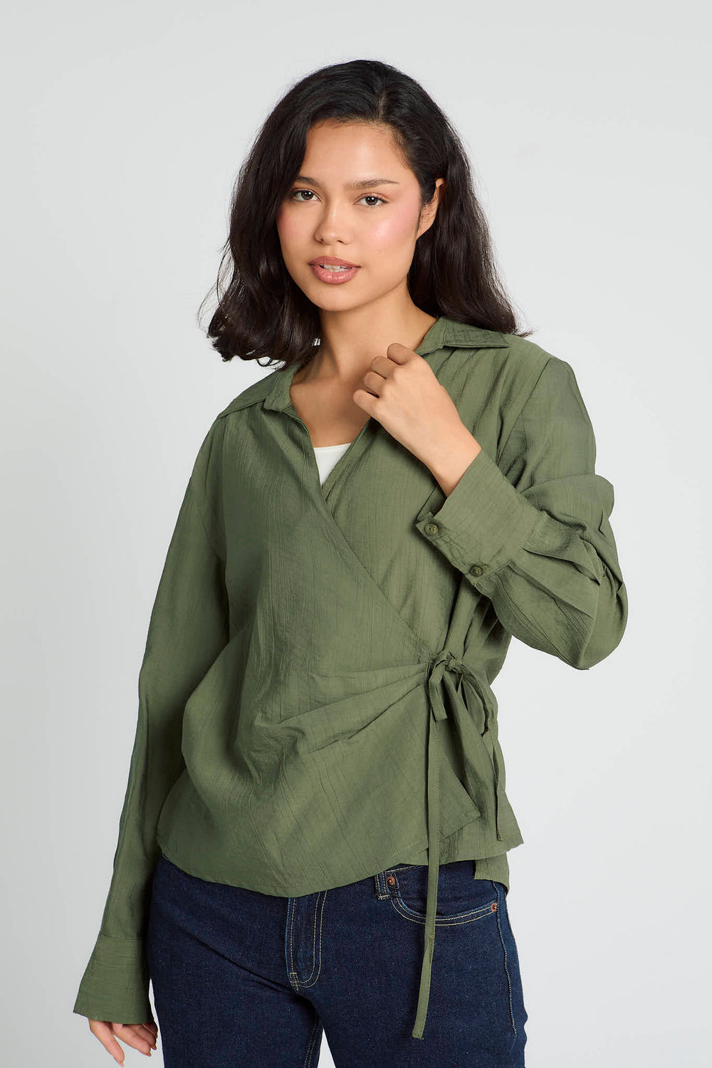 Crinkled Tie Wrap Shirt in Olive