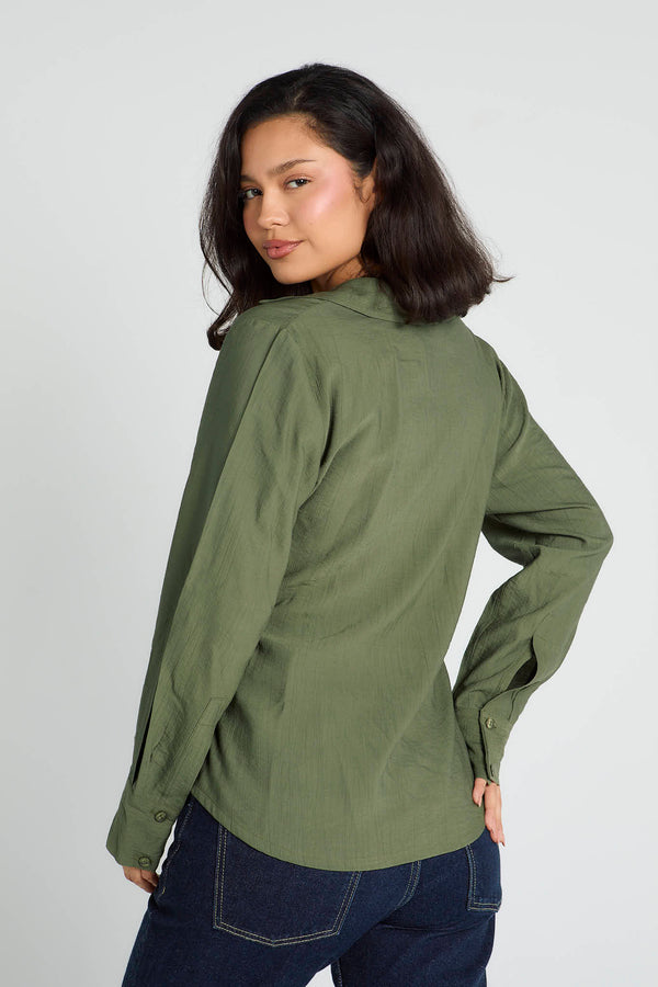 Crinkled Tie Wrap Shirt in Olive