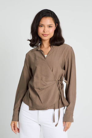 Crinkled Tie Wrap Shirt in Brown