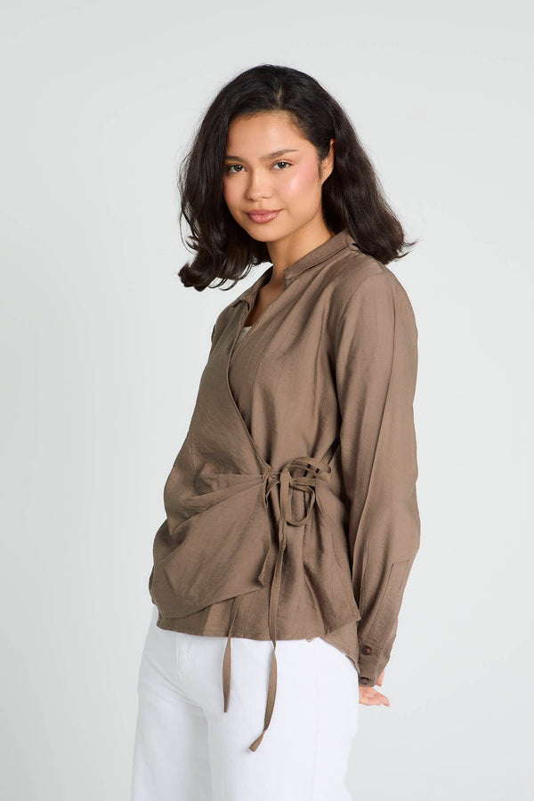 Crinkled Tie Wrap Shirt in Brown