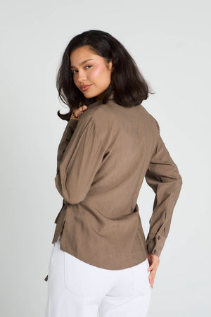 Crinkled Tie Wrap Shirt in Brown