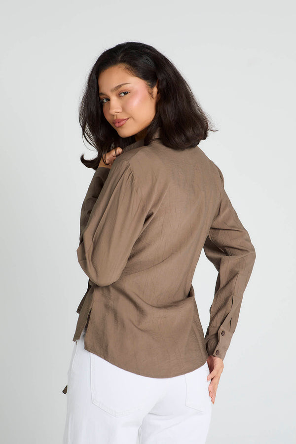 Crinkled Tie Wrap Shirt in Brown