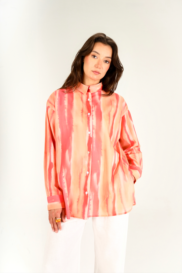 Printed Cotton Shirt in Peach Orange