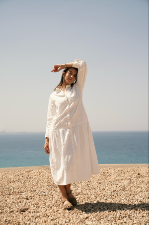 Embroidered Voile Dress in White