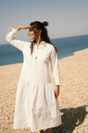 Embroidered Voile Dress in White