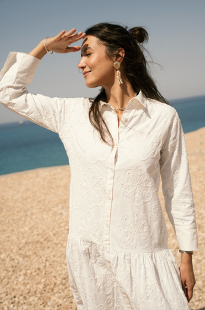 Embroidered Voile Dress in White