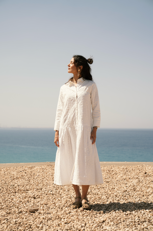Embroidered Voile Dress in White