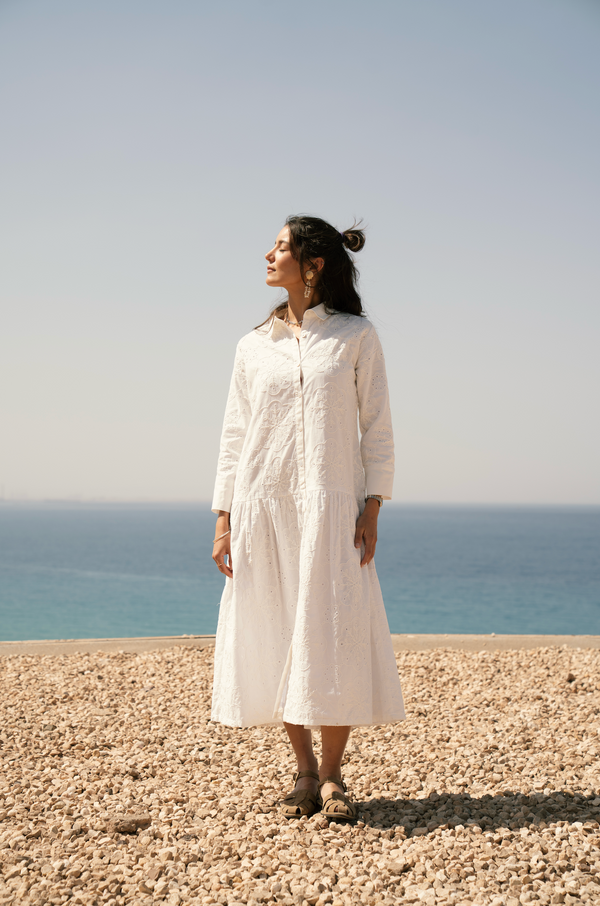 Embroidered Voile Dress in White