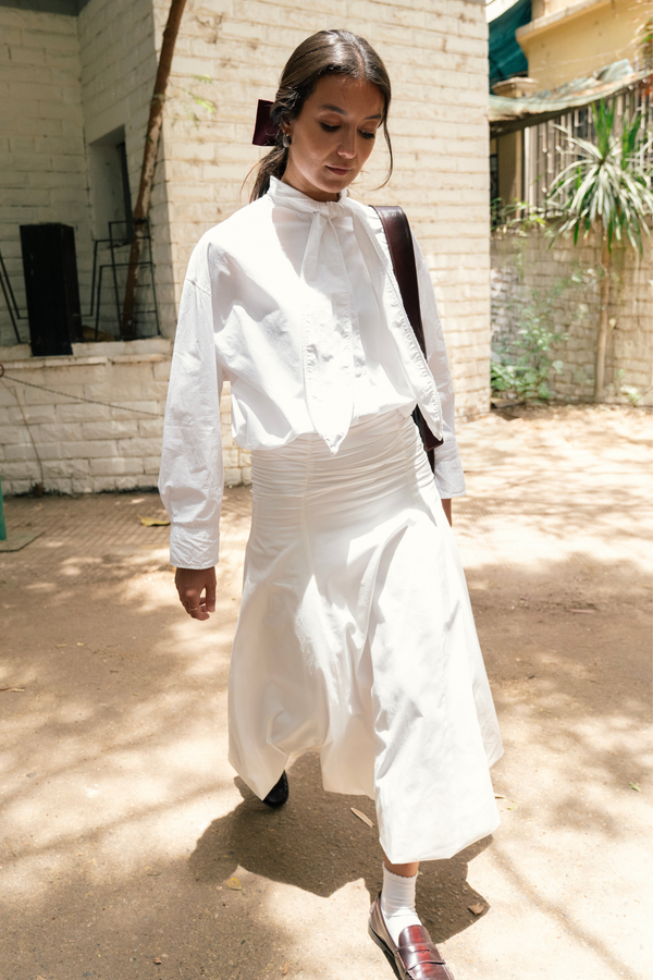 Ruched Poplin Skirt in White