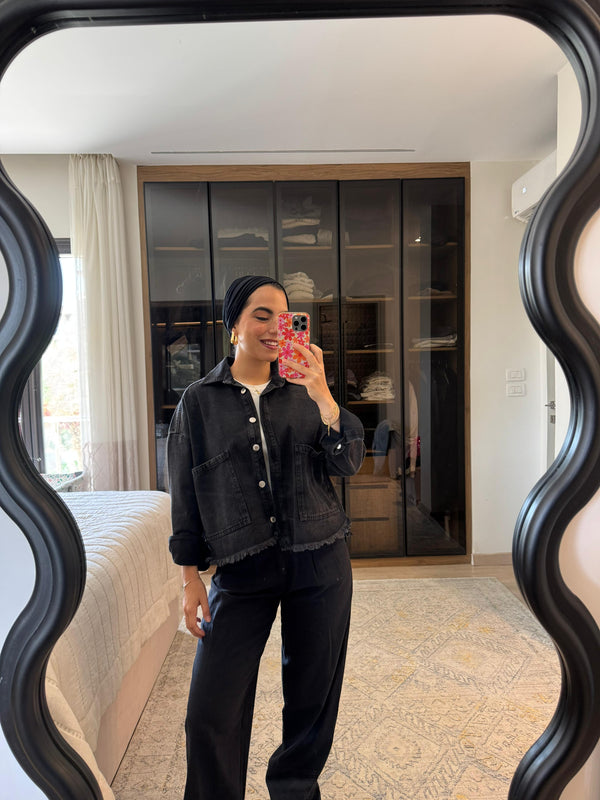 Raw-Hem Denim Jacket in Black