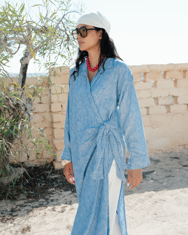 Long Wrap Shirt in Blue