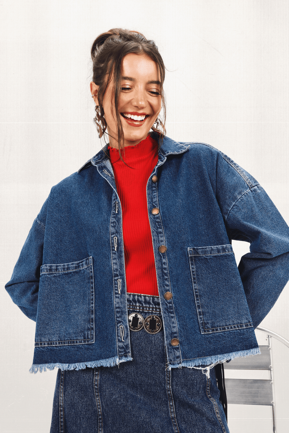 Raw-Hem Denim Jacket in Dark Blue