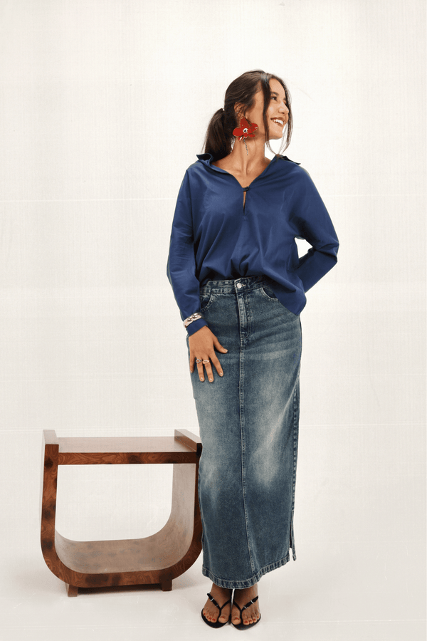 Straight Denim Skirt in Dark Blue