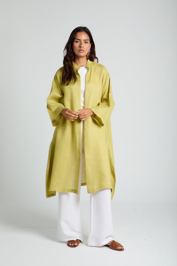 Button-tab Linen Kimono in Pistachio