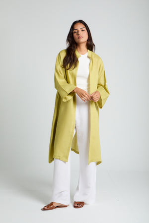 Button-tab Linen Kimono in Pistachio