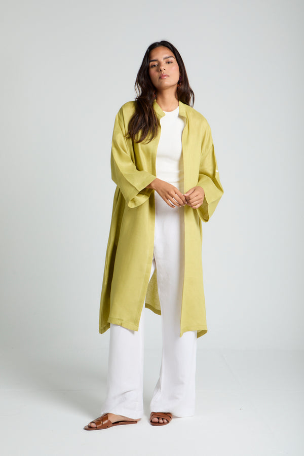 Button-tab Linen Kimono in Pistachio