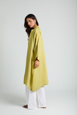 Button-tab Linen Kimono in Pistachio