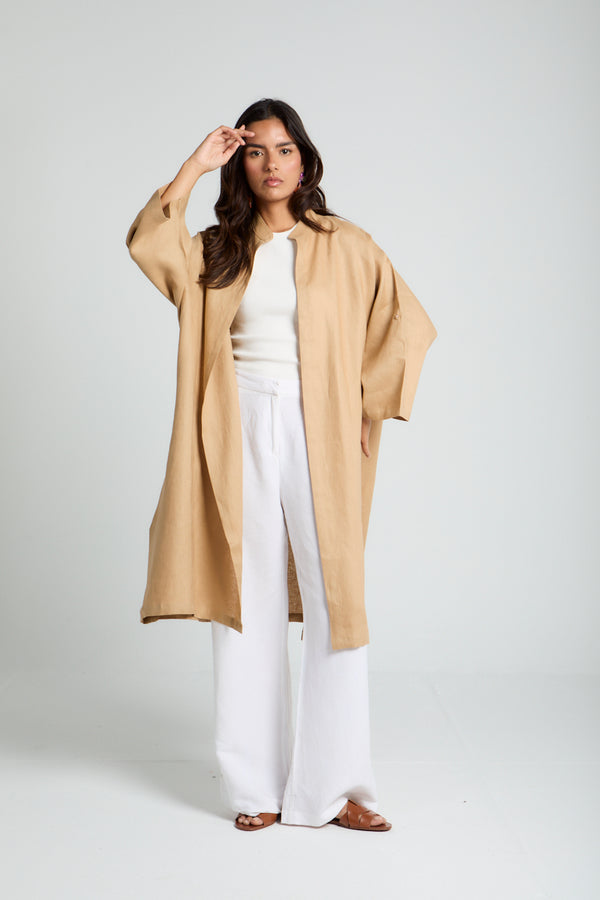 Button-tab Linen Kimono in Camel