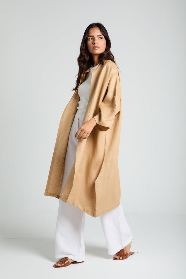Button-tab Linen Kimono in Camel