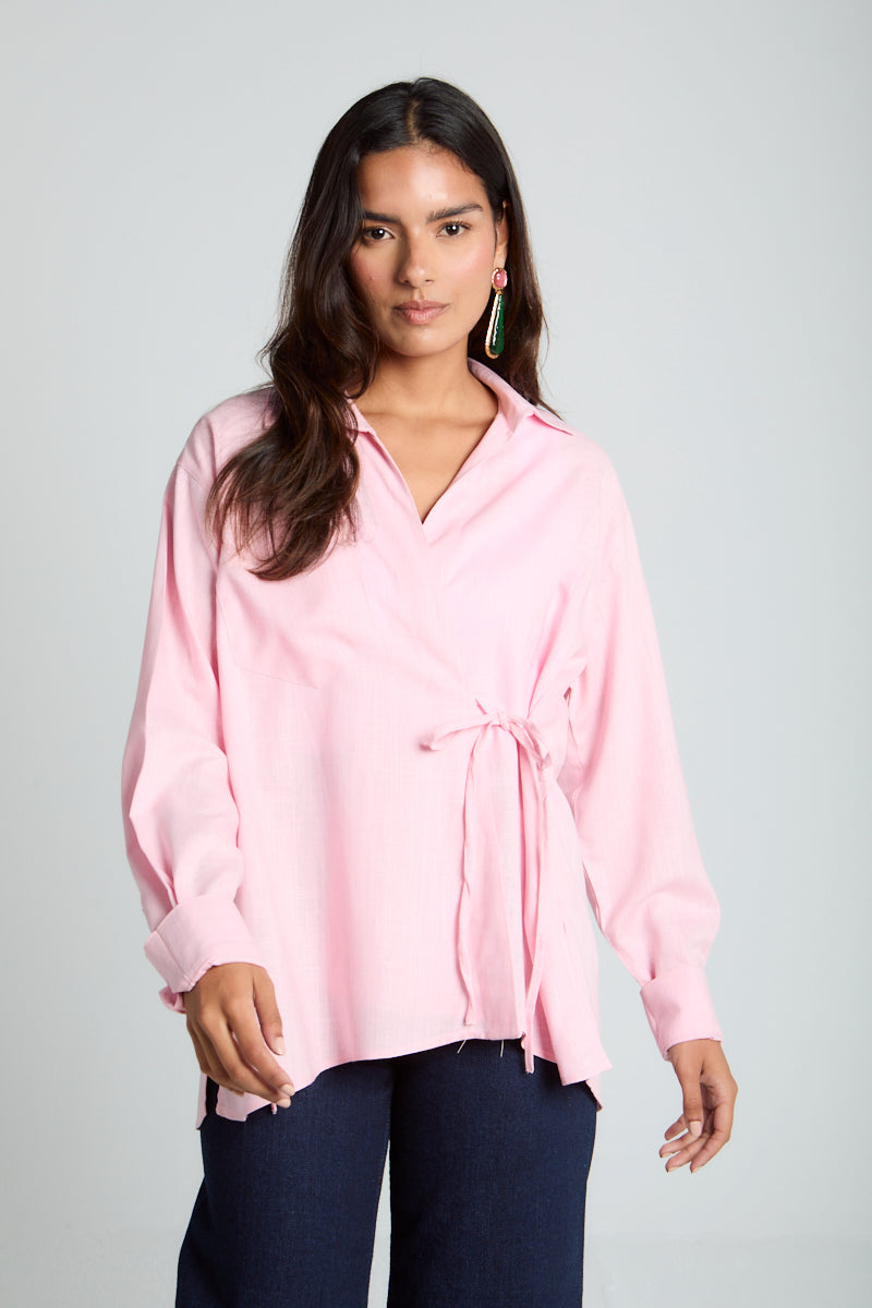 Tied up Linen Shirt in Rose