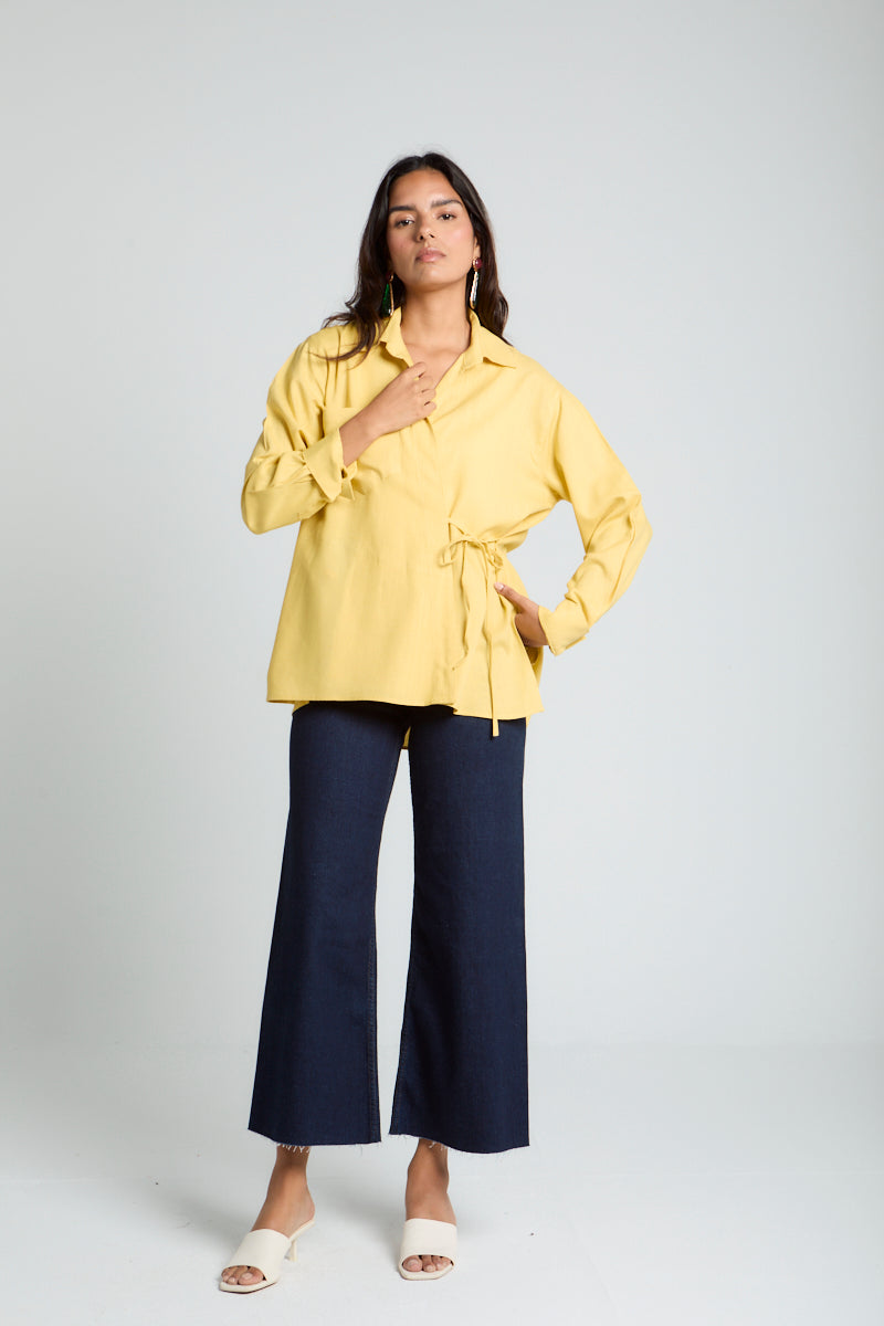 Tied up Linen Shirt in Pastel Yellow