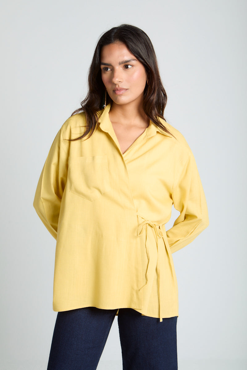 Tied up Linen Shirt in Pastel Yellow