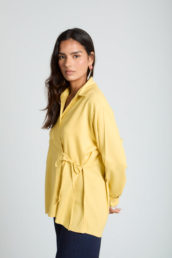 Tied up Linen Shirt in Pastel Yellow