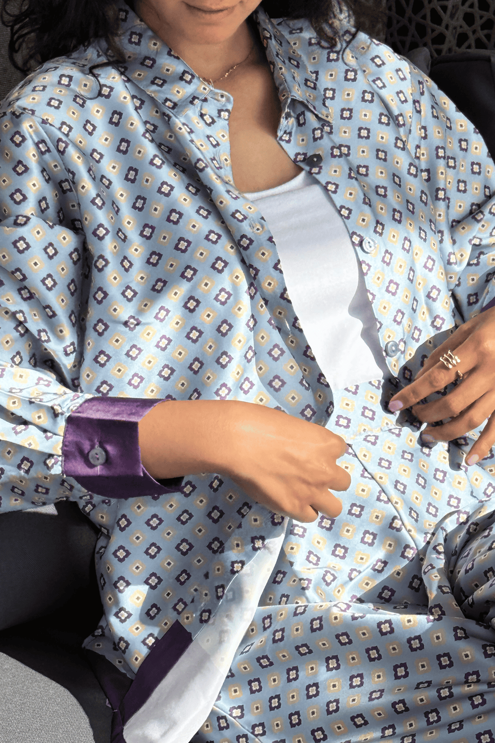 Geometric Printed Satin Set in Purple