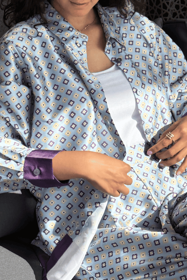 Geometric Printed Satin Set in Purple
