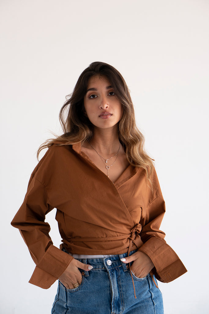 Tied-to-You Cropped Shirt in Brown