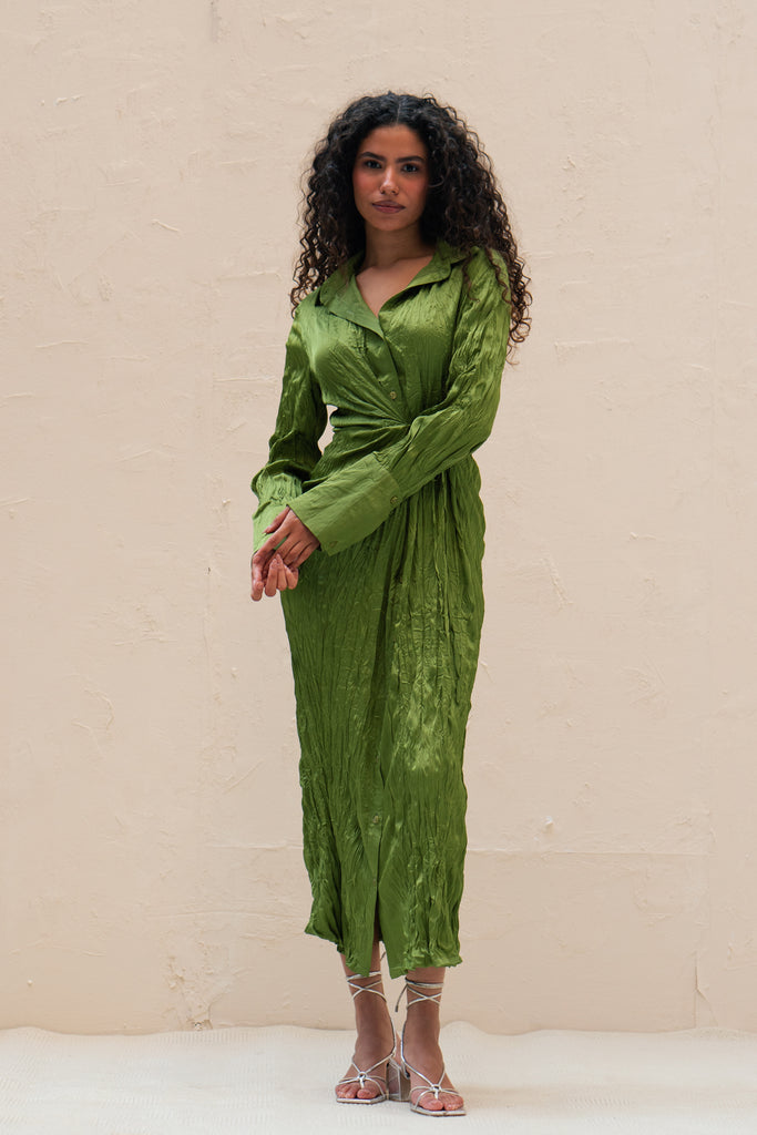 Crushed Satin Dress in Green