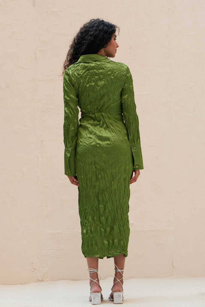 Crushed Satin Dress in Green