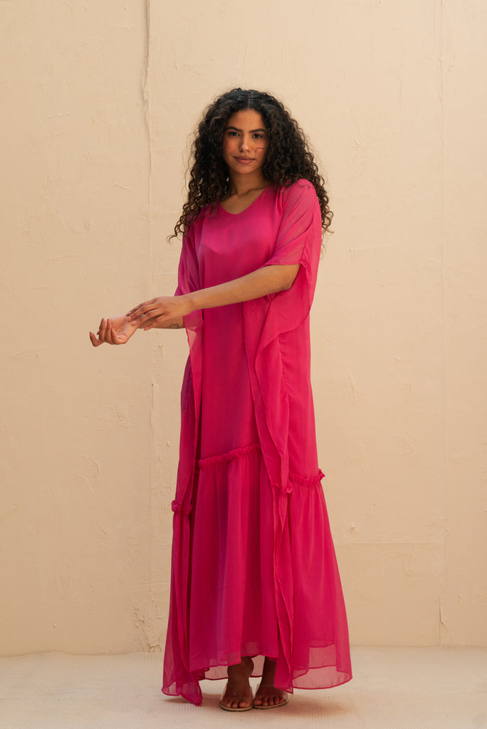 Poncho Kaftan Dress in Fuchsia