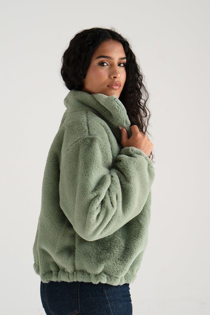 Cloudy Faux Fur Jacket In Sage Green