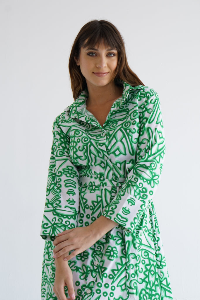 Printed Shirt Dress in Green
