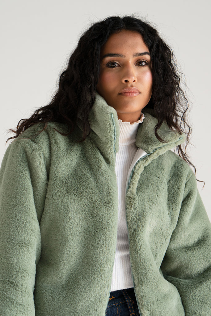 Cloudy Faux Fur Jacket In Sage Green