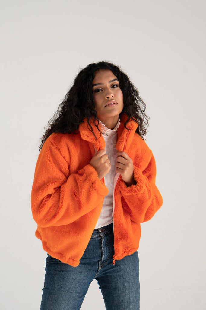 Cloudy Faux Fur Jacket In Orange