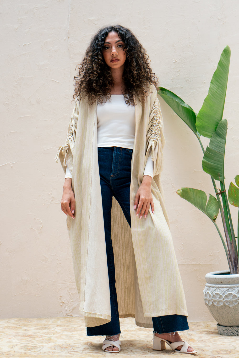Drawstring Kaftan in Green Stripes
